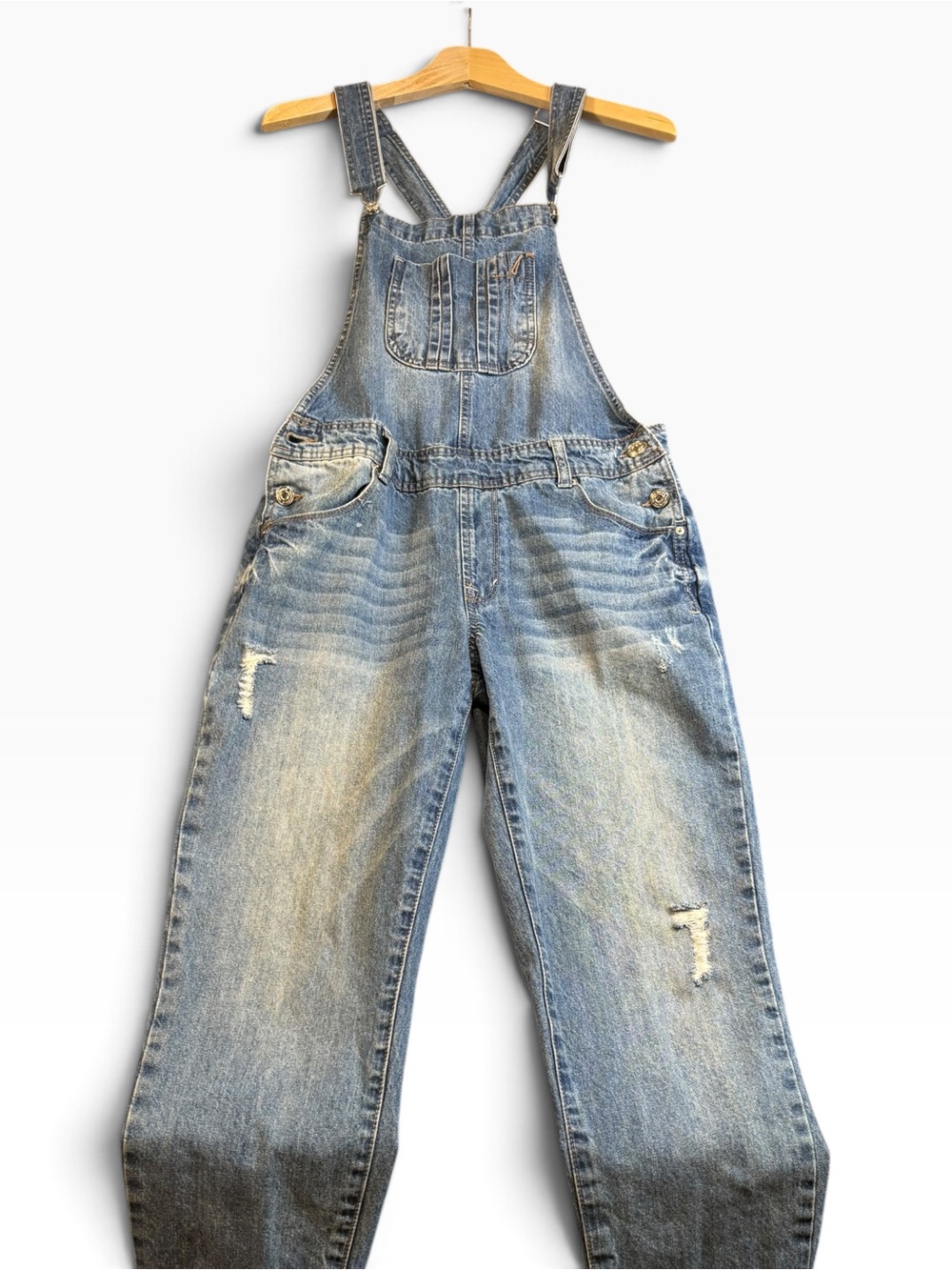Kensie Jeans Distressed Denim Overalls Womenās 6/28 Cropped Cotton Bib GUC